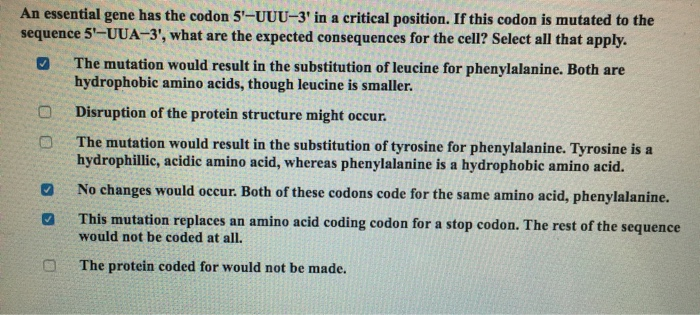 Solved An essential gene has the codon 5-UUU-3' in a | Chegg.com
