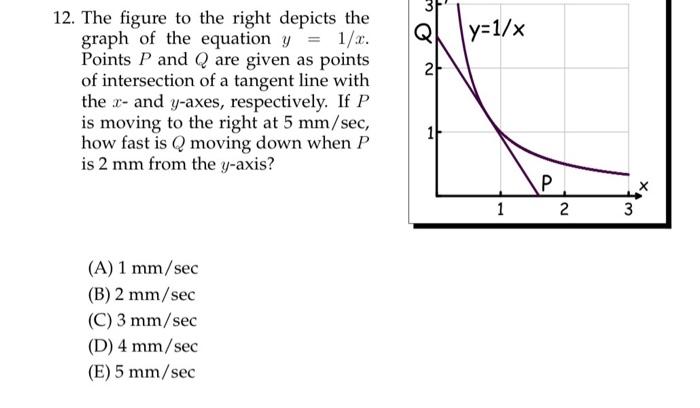 12. The figure to the right depicts the graph of the equation \( y=1 / x \). Points \( P \) and \( Q \) are given as points o