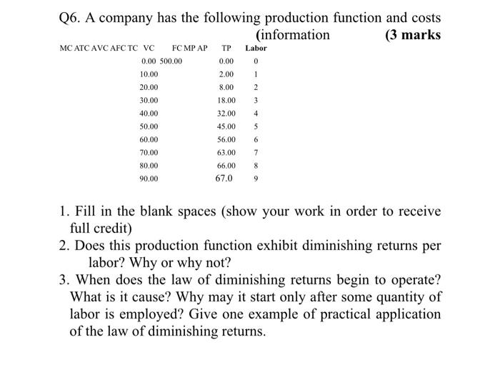 Solved 0 1 Q6. A company has the following production | Chegg.com