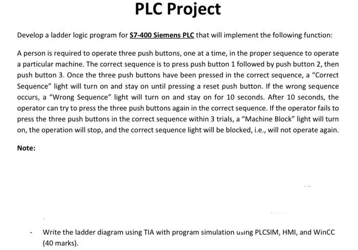 Solved PLC Project Develop a ladder logic program for S7-400 | Chegg.com