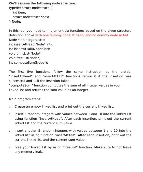Solved We'll assume the following node structure: typedef | Chegg.com