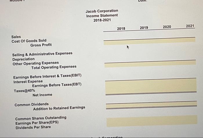 Solved Jacob Corporation Income Statement 2018-2021 | Chegg.com