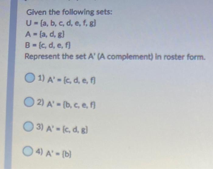 Solved Given The Following Sets U A B C D E F G Chegg Com