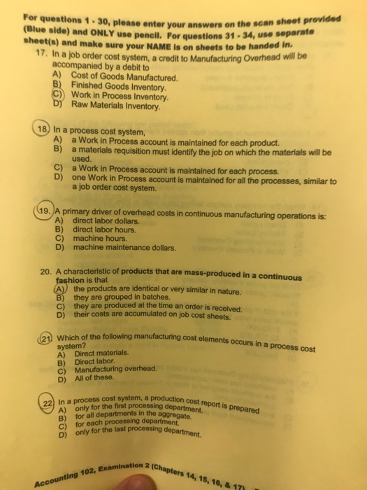 Solved For questions 1-30, please enter your answers on the | Chegg.com