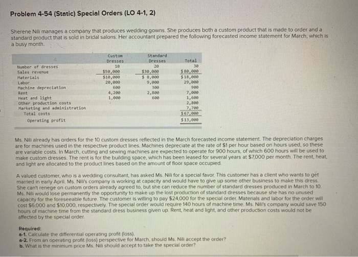 Solved Problem 4-54 (Static) Special Orders (LO 4-1, 2) | Chegg.com