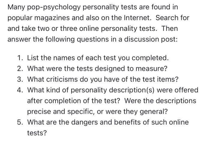 skandale uvidenhed myndighed Solved Many pop-psychology personality tests are found in | Chegg.com