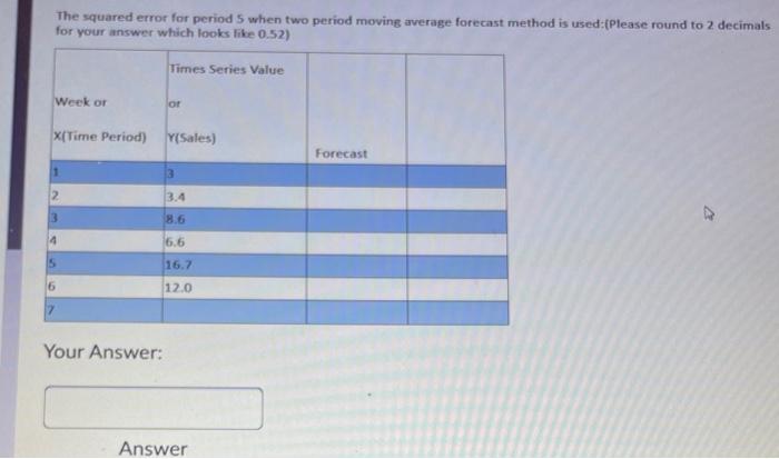 Solved The squared error for period 5 when two period moving | Chegg.com