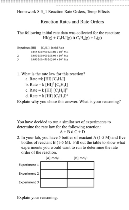 Solved Homework 8 3 1 Reaction Rate Orders Temp Effects Chegg Com
