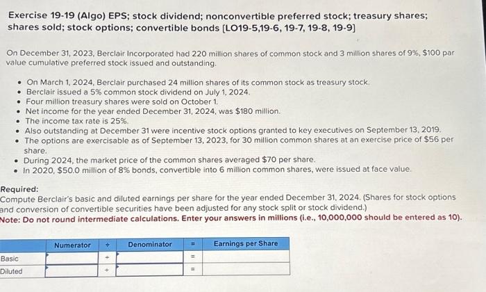 Solved Exercise 19-19 (Algo) EPS; Stock Dividend; | Chegg.com