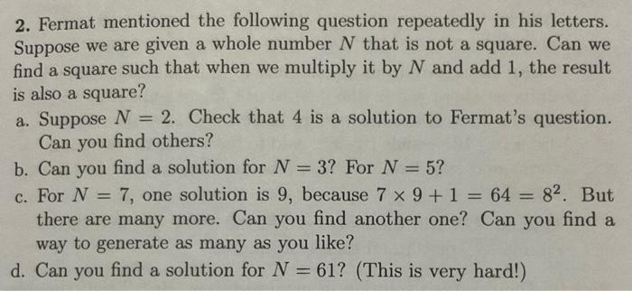 Solved 2. Fermat mentioned the following question repeatedly | Chegg.com