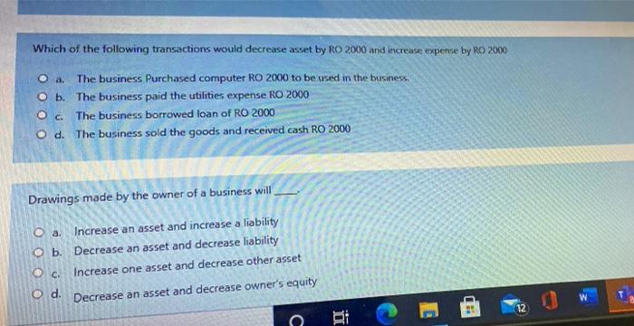 Solved Which of the following transactions would decrease | Chegg.com