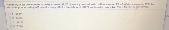 Solved A company's Cash account shows an ending balance of | Chegg.com