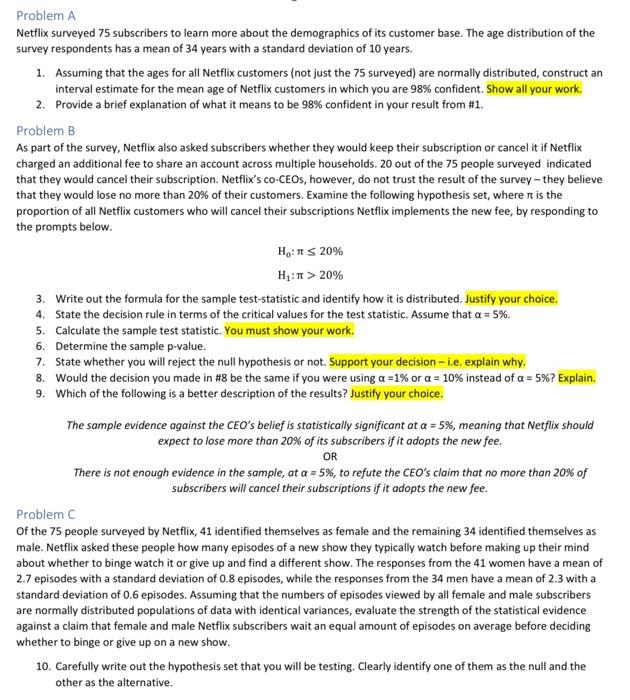 Solved Problem A Netflix surveyed 75 subscribers to learn | Chegg.com