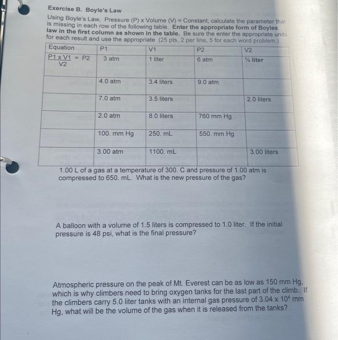 Solved Exercise B. Boyle's Law Using Boyle's Law, Pressure | Chegg.com