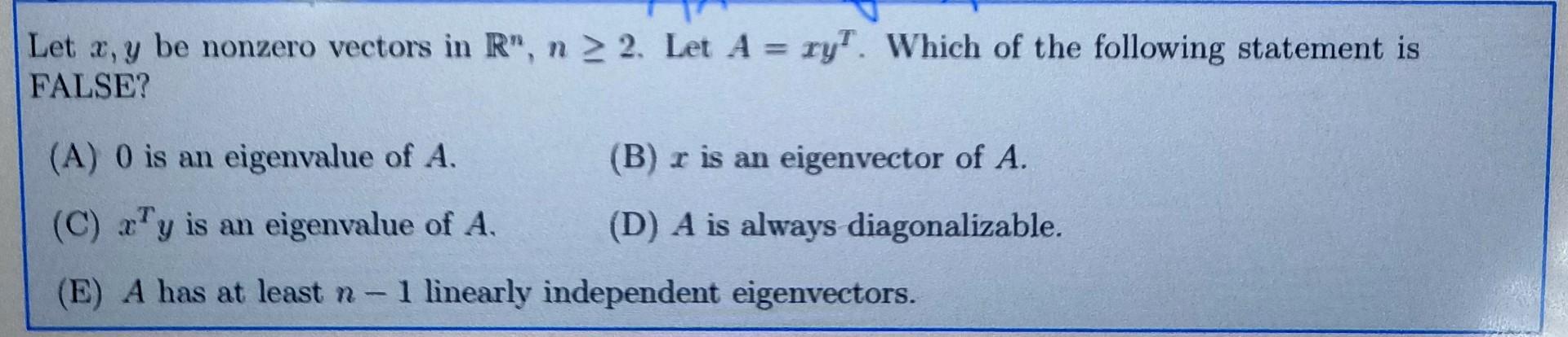 Solved Let x, y be nonzero vectors in R", n 2. Let A = ry. | Chegg.com