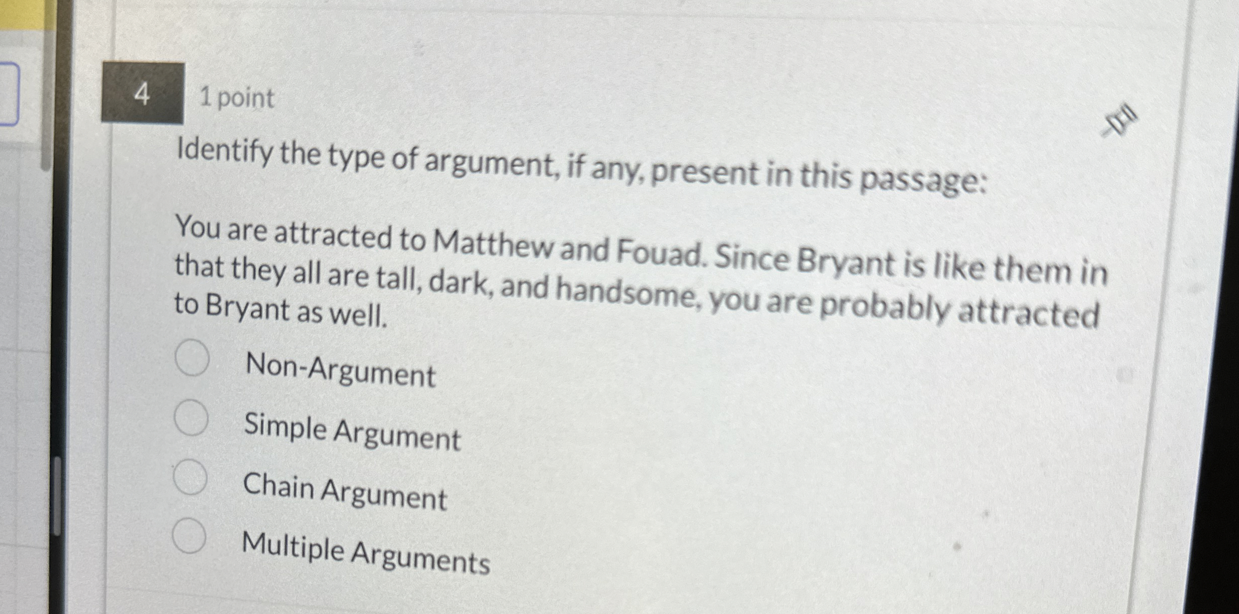 Solved 41 ﻿pointIdentify the type of argument, if any, | Chegg.com