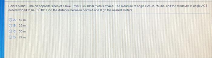 Solved Points A and B are on opposite sides of a take. Point | Chegg.com