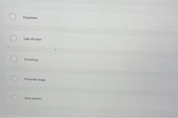 Expulsion
Late dilution
Crowning
Placental stage
Early dilation