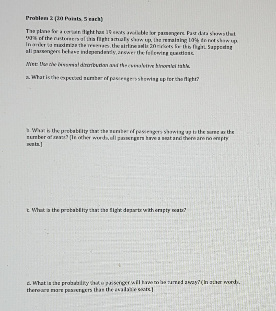 Solved Problem 2 (20 Points, 5 each) The plane for a certain | Chegg.com
