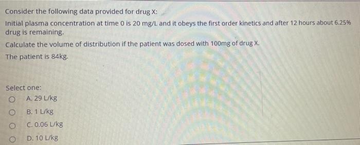 Solved Consider the following data provided for drug X: | Chegg.com