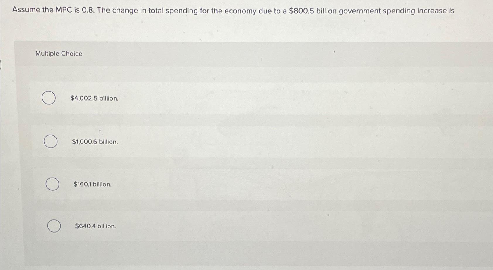 Solved Assume the MPC is 0.8 . ﻿The change in total spending | Chegg.com