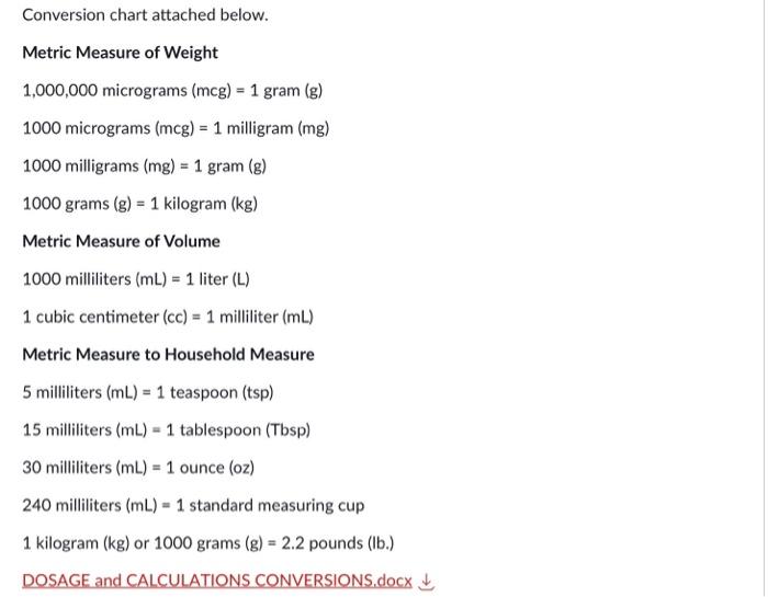Metric Measure of Weight
\( 1,000,000 \) micrograms \( (\mathrm{mcg})=1 \) gram \( (\mathrm{g}) \)
1000 micrograms \( (\mathr