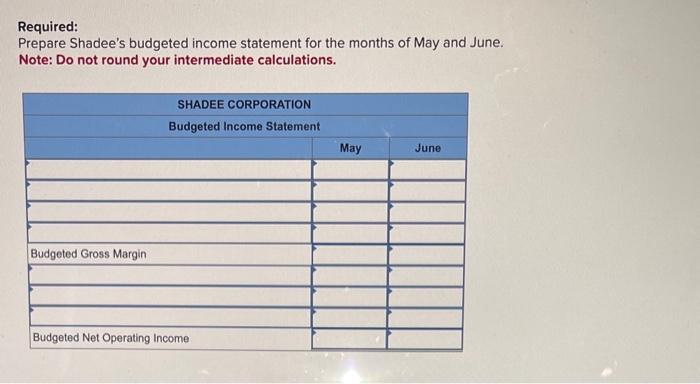 Required:
Prepare Shadees budgeted income statement for the months of May and June. Note: Do not round your intermediate cal