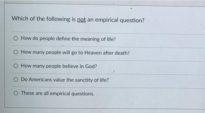Solved Which of the following is not an empirical question? | Chegg.com
