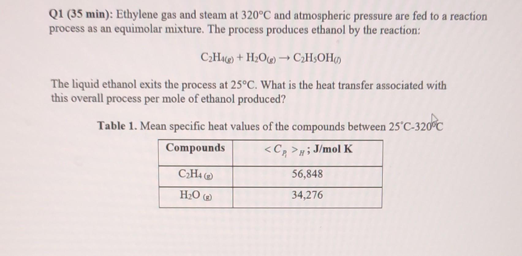 Solved Q1 35 min Ethylene gas and steam at 320 C and Chegg