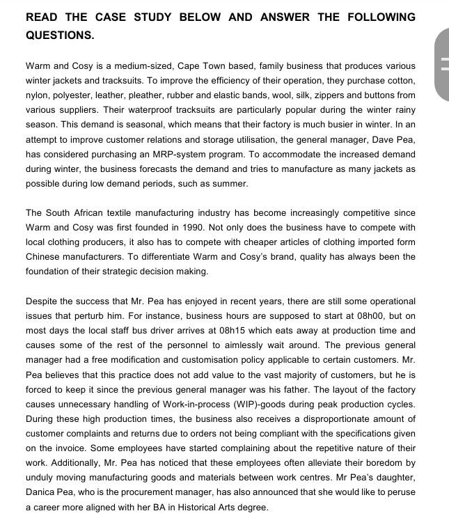Solved READ THE CASE STUDY BELOW AND ANSWER THE FOLLOWING | Chegg.com