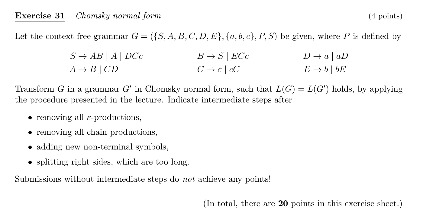 Solved Exercise 31 ﻿Chomsky normal formLet the context free | Chegg.com