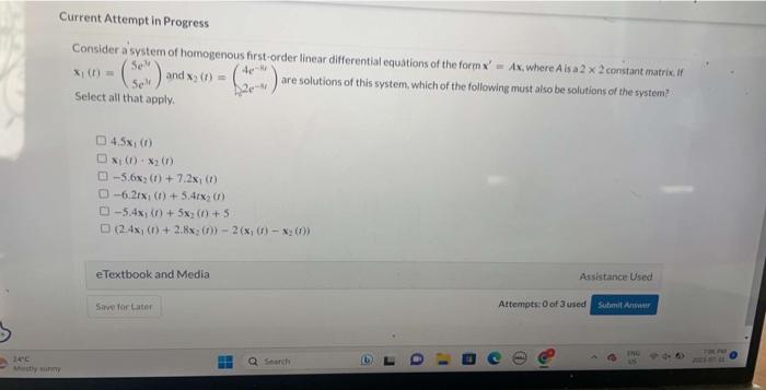 Solved Consider A System Of Homogenous First Order Linear