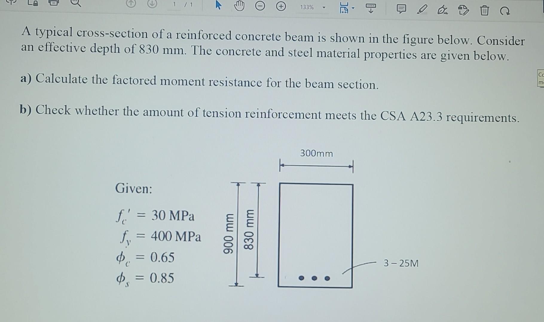 A typical cross-section of a reinforced concrete beam is shown in the figure below. Consider an effective depth of \( 830 \ma