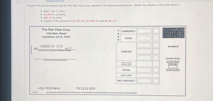 operiy fill out the deposit slip for The Star Vista | Chegg.com