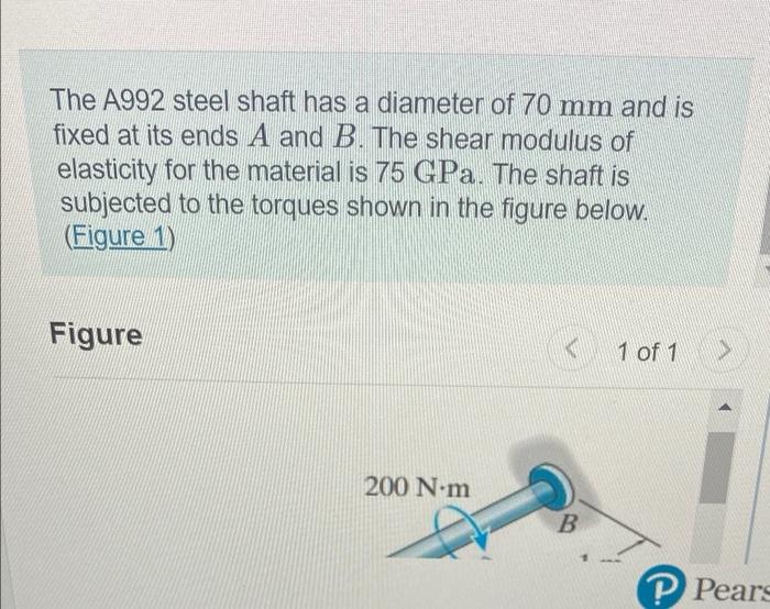 The A992 steel shaft has a diameter of 70 mm and is
fixed at its ends A and B. The shear modulus of
elasticity for the materi