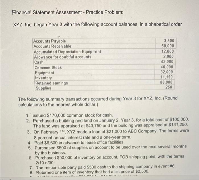 Financial Statement Assessment - Practice Problem: | Chegg.com