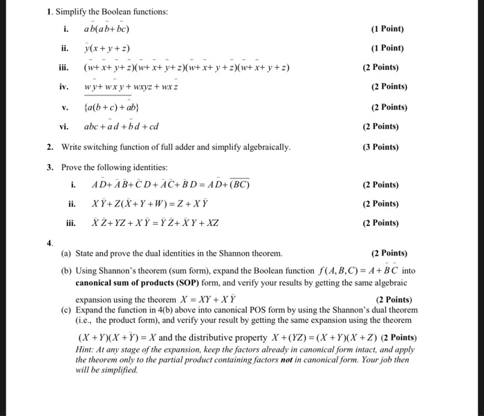 Solved 1 Point 1 Simplify The Boolean Functions I Ab Chegg Com