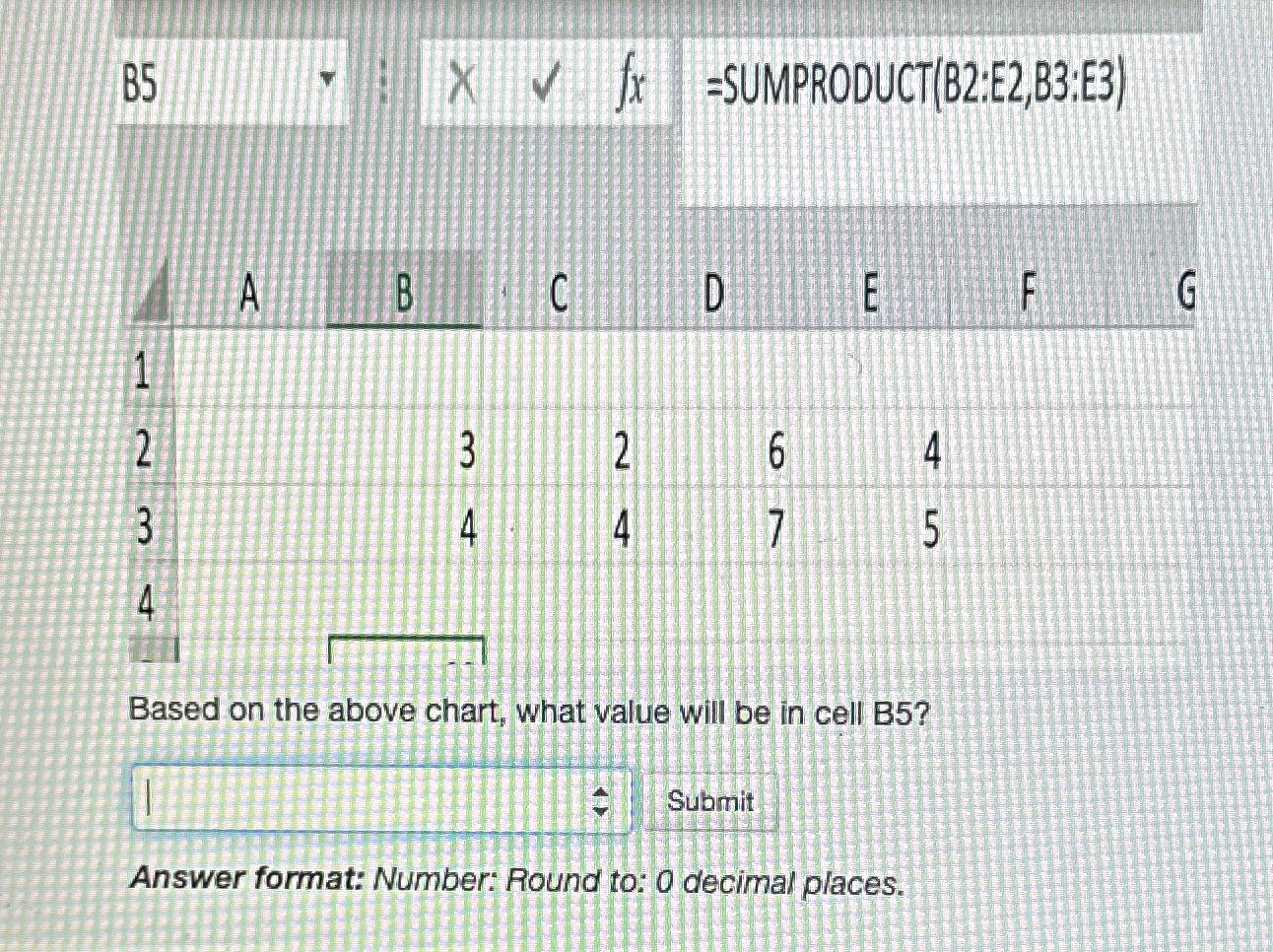 Solved B5= ﻿SUMPRODUCT (B2:E2,B3;E3)\table[[A | Chegg.com