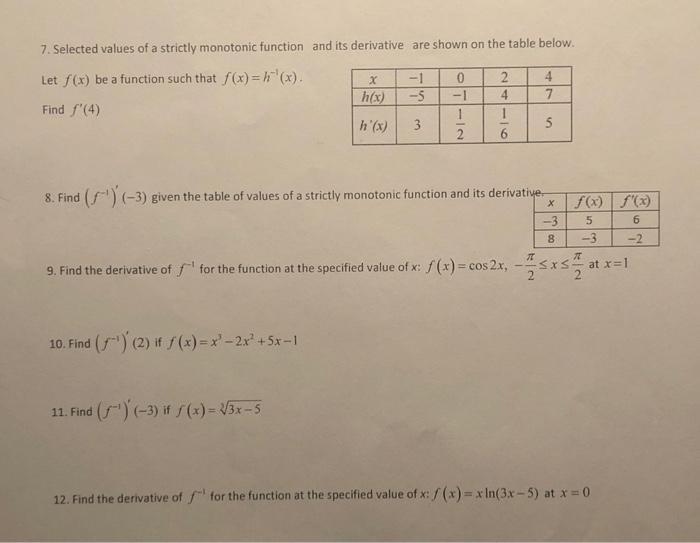 Solved 7. Selected Values Of A Strictly Monotonic Function | Chegg.com