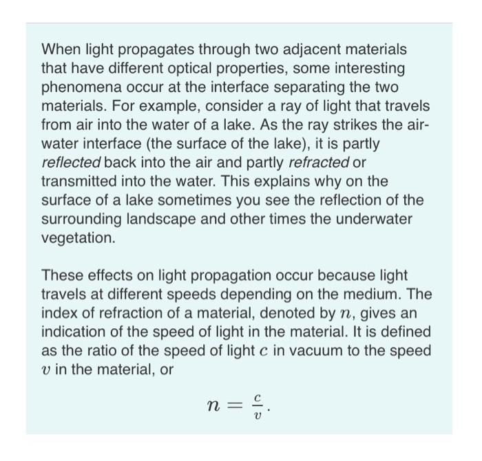 When light propagates through two adjacent materials that have different optical properties, some interesting phenomena occur