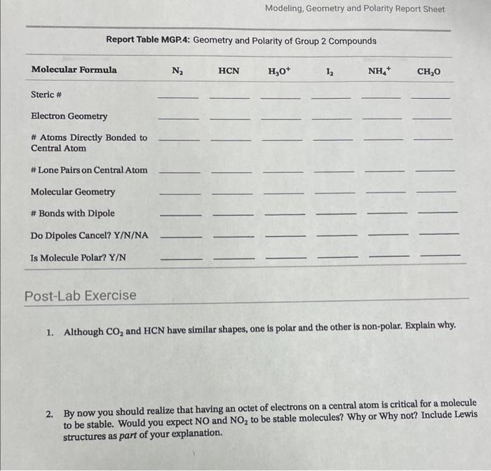 Solved Modeling, Geometry and Polarity Report Sheet Report