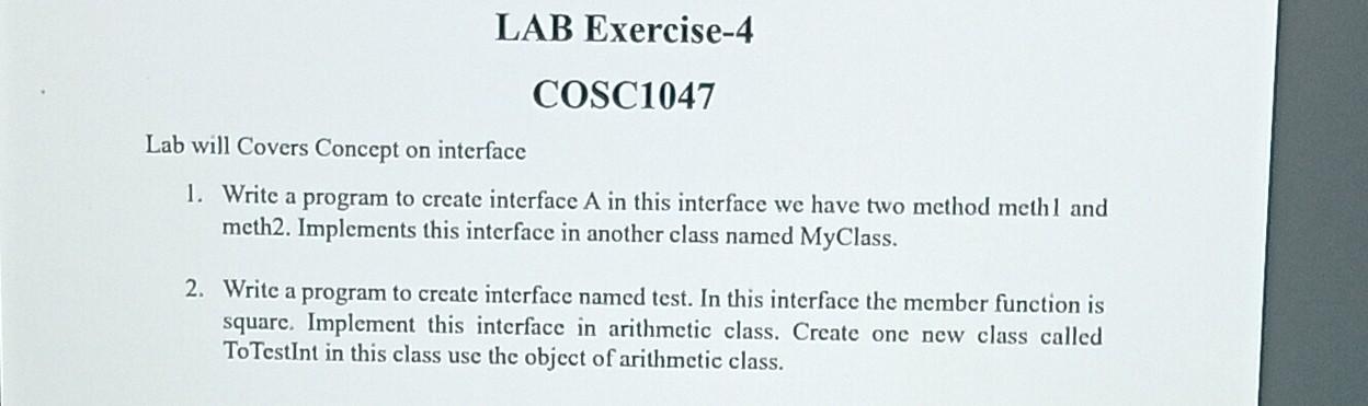 Solved Lab will Covers Concept on interface 1. Write a | Chegg.com