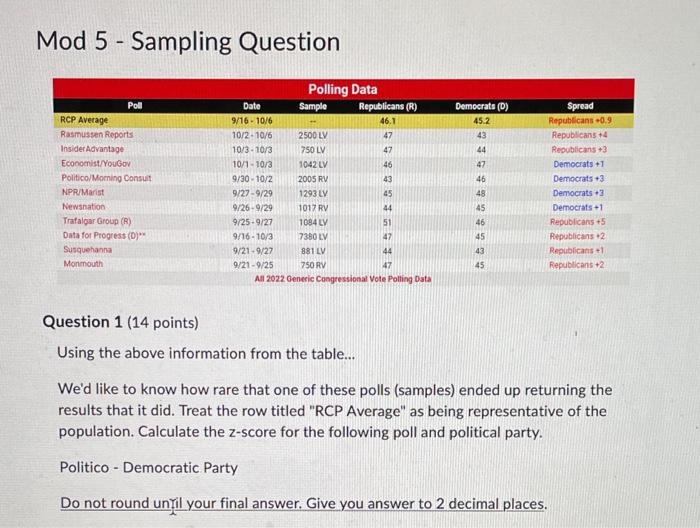 Solved Mod 5 - Sampling Question Question 1 (14 points) | Chegg.com