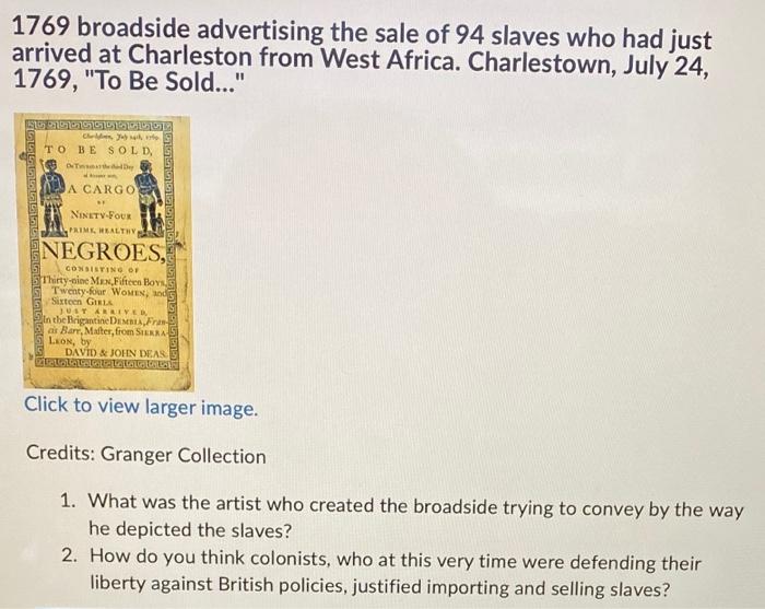 1769 broadside advertising the sale of 94 slaves who | Chegg.com