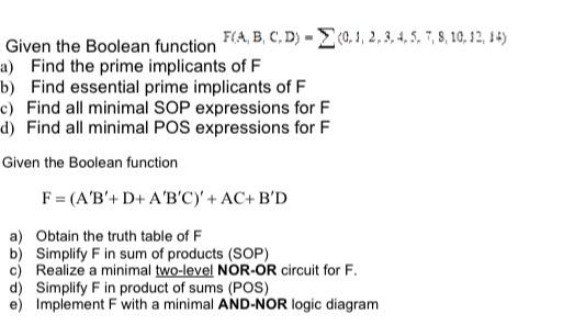 Solved Given the Boolean function F(A, B, C, D) - | Chegg.com