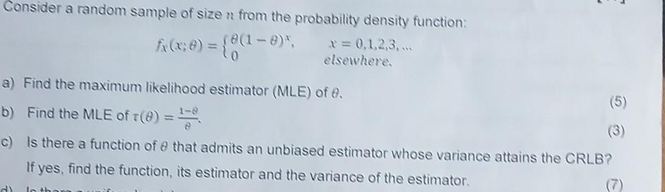 Solved Consider a random sample of size n from the | Chegg.com