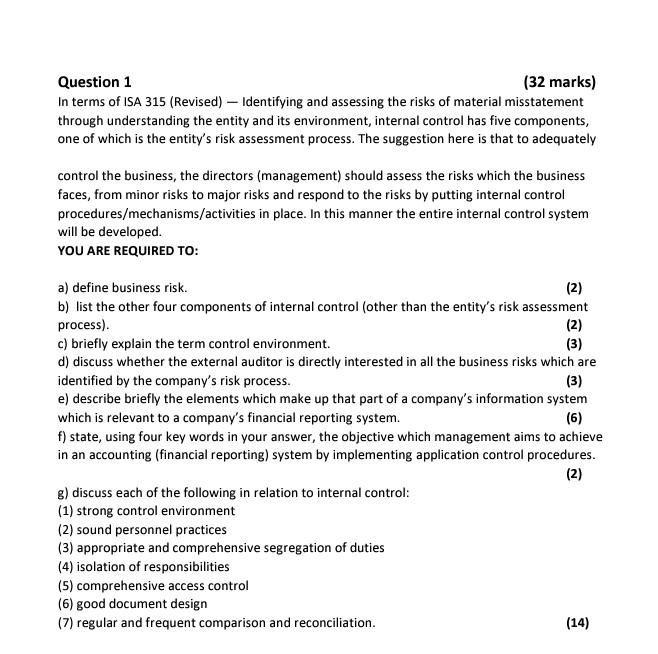 Solved Question 1 (32 marks) In terms of ISA 315 (Revised) - | Chegg.com