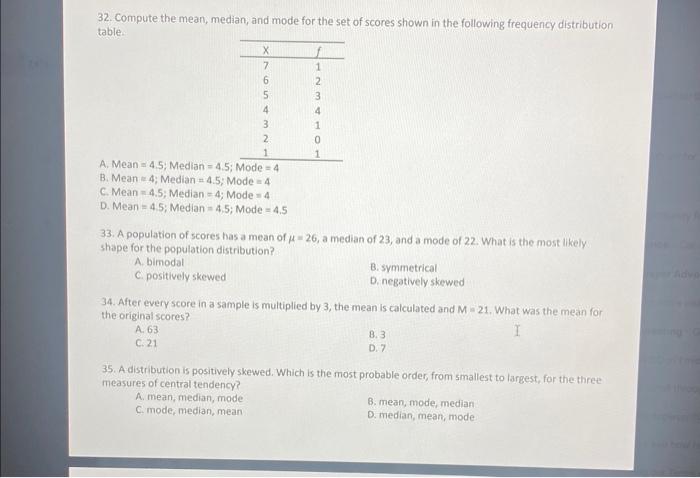 Solved 32. Compute the mean, median, and mode for the set of | Chegg.com