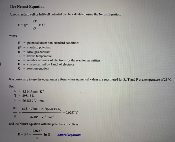 Solved The Nernst Equation A Non Standard Cell Or Half Ce Chegg Com