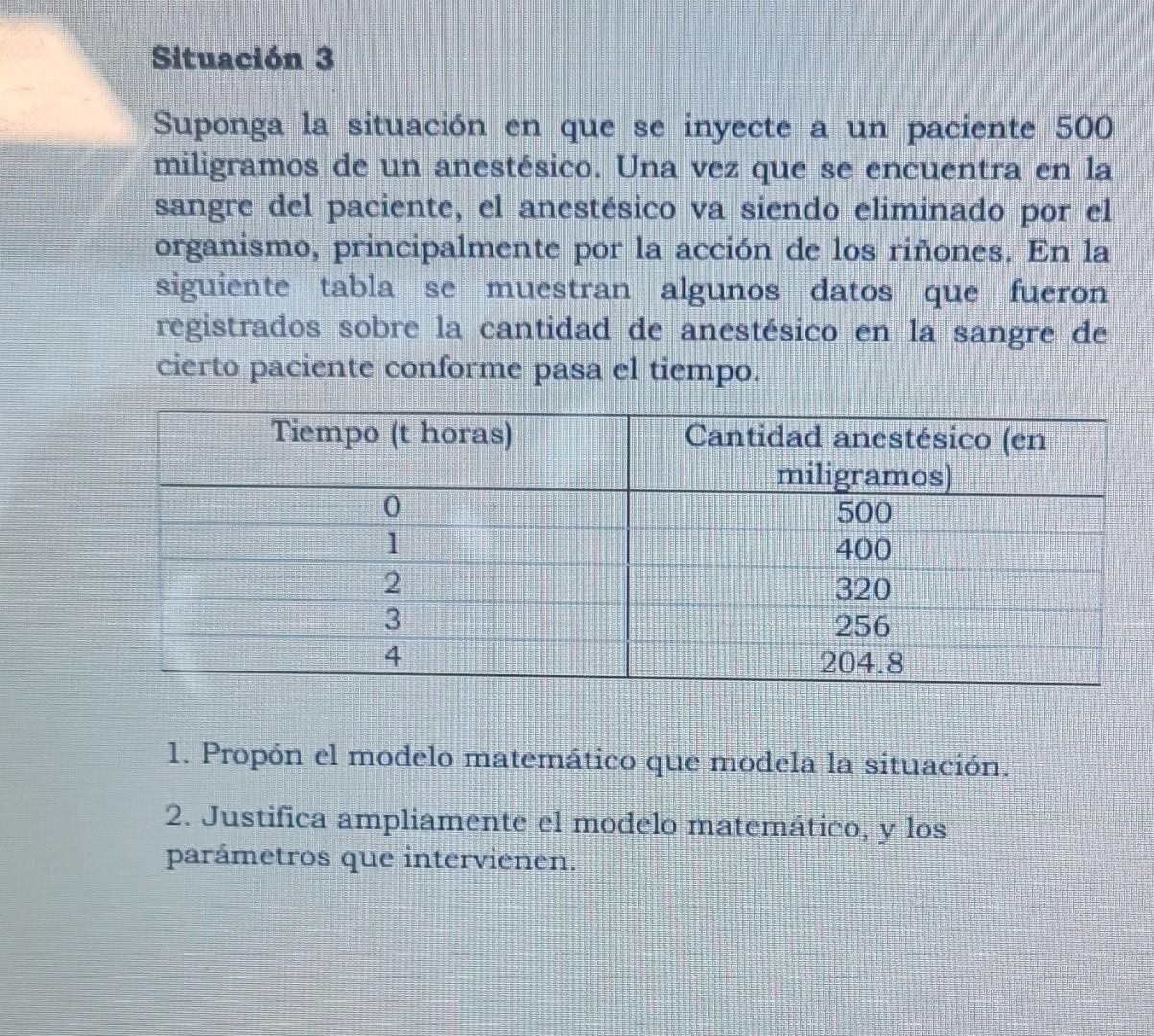 Sltuacion 3 Suponga la situación en que se inyecte a un paciente 500 miligramos de un anestésico. Una vez que se encuentra en